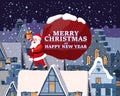 Santa Claus with big bag of gifts delivery gifts on the roof. Night winter city, european urban landscape, noel. Vector Royalty Free Stock Photo