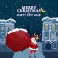 Santa Claus with big bag of gifts delivery gifts. Night winter city, european urban landscape, noel. Vector illustration Royalty Free Stock Photo