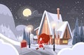 Santa Claus With Big Gift Sack Coming To House Happy New Year Merry Christmas Banner Royalty Free Stock Photo