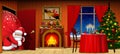 Santa Claus with big red sack enters the holiday room with fireplace, table, christmas tree and window with night winter landscape