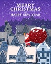 Santa Claus with big sack of gifts delivery gifts on the roof. Night winter city, european urban landscape, noel. Vector Royalty Free Stock Photo