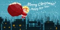 Santa Claus with big sack of gifts delivery gifts on the roof. Night winter city, european urban landscape, noel. Vector Royalty Free Stock Photo