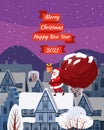 Santa Claus with big sack of gifts delivery gifts on the roof. Night winter city, european urban landscape, noel. Vector Royalty Free Stock Photo