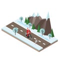 Santa Claus on a bike. Isometric countryside. Winter road. Santa Claus cycling on countryside winter road or highway