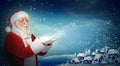 Santa Claus blowing snow to little town Royalty Free Stock Photo