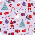 Santa claus brings gifts to children. Seamless pattern with traditional New Year decor Royalty Free Stock Photo