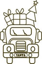 Outline SantaÃ¢â¬â¢s truck with presents and Christmas tree front side