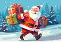 Santa claus brings presents in the snow Christmas holiday wallpaper. Royalty Free Stock Photo