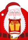 Santa Claus burping gift. Open mouth Box burp. Crazy Christmas g Royalty Free Stock Photo