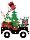 Santa Claus in a car full of gifts on