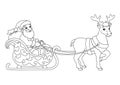 Santa Claus carries Christmas presents on a reindeer sleigh. Coloring book page for kids. Cartoon style character. Vector Royalty Free Stock Photo