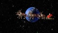 Santa Claus carries gifts on a sleigh pulled by deer. Fantastic flight around the Earth