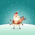 Santa Claus carries a Reindeer on his hands - winter landscape - Christmas card Royalty Free Stock Photo