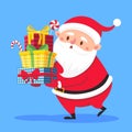 Santa Claus carry gifts stack. Christmas gift box carrying in hands. Heavy stacked winter holidays presents vector cartoon