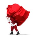 Santa Claus carrying enormous red bag full of Christmas gifts on white background Royalty Free Stock Photo