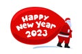 Santa Claus cartoon character coming and carries large huge heavy gifts red bag. Christmas and Happy New year 2023