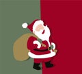 Santa Claus Cartoon Character with gift, bag with presents on green and red background. Royalty Free Stock Photo