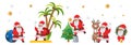 Santa Claus cartoon character set. Cute Santa with Christmas tree, reindeer, wreath, bauble, sparklers, sack, vector. Royalty Free Stock Photo