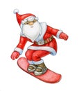 Santa Claus cartoon on snowbord, isolated on white. Watercolor illustration Royalty Free Stock Photo