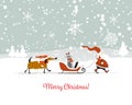 Santa Claus with cat and dog. Christmas card