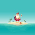 Santa Claus on sandy island at ocean with inflatable flamingo float