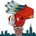 Santa Claus with champagne climbs the chimney. Isolate on white Royalty Free Stock Photo