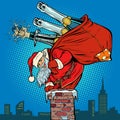 Santa Claus with champagne climbs the chimney Royalty Free Stock Photo