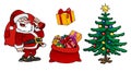 Santa Claus character, a bag with gifts and christmas tree isolated