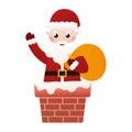 Santa Claus character descends the chimney and waving hand in cartoon style on white background, clip art Royalty Free Stock Photo