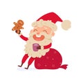 Santa Claus character drinking hot milk with gingerbread cookie, sitting on gifts bag