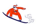 Santa Claus Character Extreme Sports Activity. Father Noel in Festive Traditional Costume Perform Stunts on Snowboard