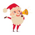 Santa Claus character holding megaphone, funny grandfather with beard, red hat and suit