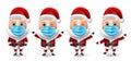 Santa claus character vector set. Christmas santa collection wearing face mask for covid-19 campaign for new normal xmas elements.