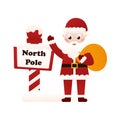 Santa Claus character waving hand and holding bag with gifts near north pole sign in cartoon style on white background Royalty Free Stock Photo