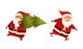 Santa Claus Character with White Beard in Red Hat Carrying Green Fir Tree and Ice Skating Vector Set