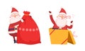 Santa Claus Character with White Beard and Red Hat Jumping Out of Gift Box and Holding Sack with Christmas Presents Royalty Free Stock Photo