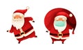 Santa Claus Character with White Beard in Red Hat Running and in Face Mask Holding Sack with Present Vector Set