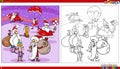 Santa Claus characters with presents coloring book page Royalty Free Stock Photo