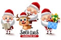 Santa claus characters set. Santa 3d character in reading wish list, riding in reindeer and gift giving pose and gestures isolated