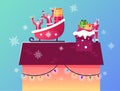 Santa Claus Characters Sitting in Reindeer Sledge on House Roof Throw Gifts Way Down to Chimney. Winter Time Holidays Royalty Free Stock Photo