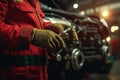 Santa Claus checking the car engine, working on mechanics. New Year and Christmas concept