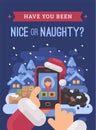 Santa Claus checking children profiles online deciding who is naughty and nice. Christmas flat illustration card