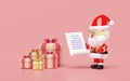 Santa Claus is checking gift boxes with a checklist. merry christmas and happy new year, 3d render illustration