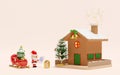 Santa Claus is checking gift boxes with checklist, sleigh, christmas tree, house, fence, jingle bell, gingerbread man, candy cane