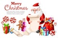 Santa Claus checking list with different gift box a bag with presents lollipops and gingerbread illustration with place for Royalty Free Stock Photo