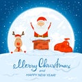 Santa Claus in the chimney with Christmas deer and bag on the roof Royalty Free Stock Photo