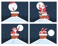 Santa Claus in chimney. Cute Santa Claus stuck in chimney and dives to chimney with parachute vector illustrations set