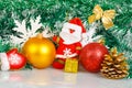 Santa Claus with Christmas balls and white snowflakes Royalty Free Stock Photo