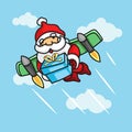 Santa Claus Christmas cartoon character flying with wings rocket bring box of gift. vector illustration Royalty Free Stock Photo