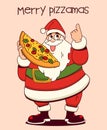 Santa Claus Christmas cartoon character holding a slice of tasty pizza. Merry pizzamas quote. Vector illustration. Royalty Free Stock Photo